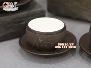 Bộ ấm chén dáng tròn gốm hồng sa, khắc trăng xanh, 280ml