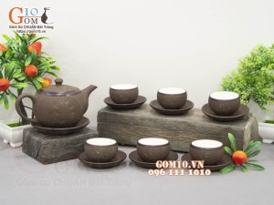 Bộ ấm chén dáng tròn gốm hồng sa, khắc trăng xanh, 280ml