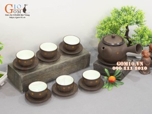 Bộ ấm chén dáng quai ngang, gốm hồng sa khắc sao vàng, 300ml