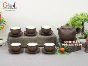 Bộ ấm chén dáng quai ngang, gốm hồng sa khắc sao vàng, 300ml