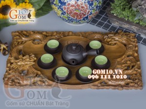 Bộ ấm chén gốm dáng quai ngang đắp Đào, 300ml