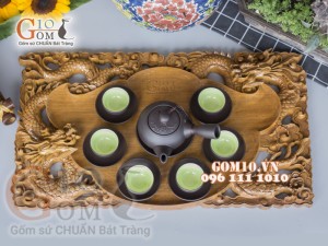 Bộ ấm chén gốm dáng quai ngang đắp Đào, 300ml