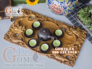 Bộ ấm chén gốm dáng quai ngang đắp Đào, 300ml