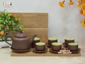 Bộ ấm chén gốm dáng tích chỉ đỏ, chén khắc Phúc Lộc Thọ 350ml