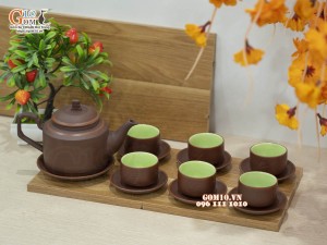 Bộ ấm chén gốm dáng tích chỉ đỏ, chén khắc Phúc Lộc Thọ 350ml