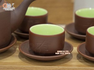 Bộ ấm chén gốm dáng tích chỉ đỏ, chén khắc Phúc Lộc Thọ 350ml