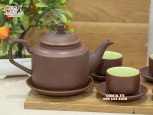 Bộ ấm chén gốm dáng tích chỉ đỏ, chén khắc Phúc Lộc Thọ 350ml