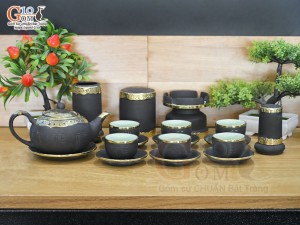 Bộ ấm chén gốm dáng tống khắc Phúc Lộc Thọ đen bọc đồng đầy đủ phụ kiện, 350ml