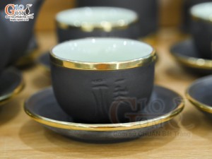 Bộ ấm chén gốm dáng tống khắc Phúc Lộc Thọ đen bọc đồng đầy đủ phụ kiện, 350ml
