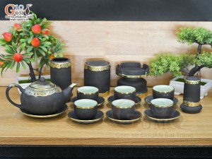 Bộ ấm chén gốm dáng tống khắc Phúc Lộc Thọ đen bọc đồng đầy đủ phụ kiện, 350ml