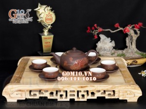 Bộ ấm chén gốm dáng tống khắc sen chỉ đỏ 350ml