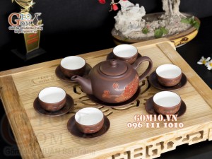 Bộ ấm chén gốm dáng tống khắc sen chỉ đỏ 350ml
