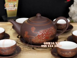 Bộ ấm chén gốm dáng tống khắc sen chỉ đỏ 350ml