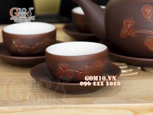 Bộ ấm chén gốm dáng tống khắc sen chỉ đỏ 350ml
