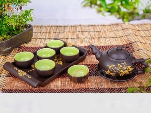 Bộ ấm chén gốm dáng trúc hoa vàng đen, 200ml
