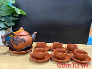 Bộ ấm chén gốm đắp nổi tùng đen đỏ chén mộc, 380ml