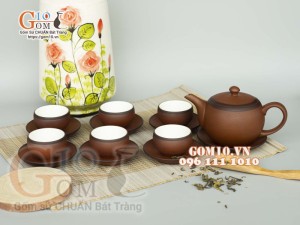 Bộ ấm chén nâu son dáng tròn gốm hồng sa, chỉ đen 280ml