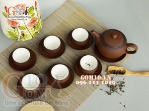 Bộ ấm chén nâu son dáng tròn gốm hồng sa, chỉ đen 280ml