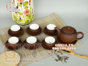 Bộ ấm chén nâu son dáng tròn gốm hồng sa, chỉ đen 280ml