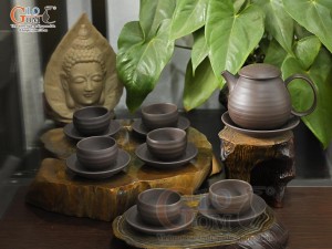 Bộ ấm chén dáng quai tròn gốm hồng sa vân sóng, 280ml