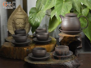 Bộ ấm chén dáng quai tròn gốm hồng sa vân sóng, 280ml