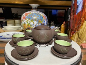 Bộ ấm chén gốm hồng sa khắc hoa xanh, dung tích 280ml