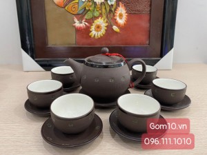 Bộ ấm chén dáng tròn cao gốm hồng sa, khắc sao xanh, 380ml