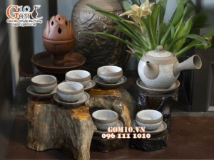 Bộ ấm chén gốm hồng sa quai ngang viền quẹt, 300ml