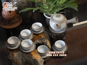 Bộ ấm chén gốm hồng sa quai ngang viền quẹt, 300ml