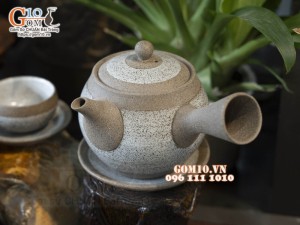 Bộ ấm chén gốm hồng sa quai ngang viền quẹt, 300ml