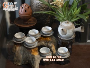 Bộ ấm chén gốm hồng sa quai ngang viền quẹt, 300ml