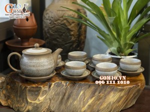 Bộ ấm chén gốm hồng sa viền quẹt, 300ml