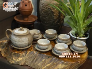 Bộ ấm chén gốm hồng sa viền quẹt, 300ml