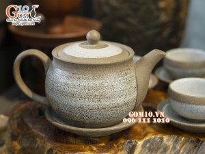 Bộ ấm chén gốm hồng sa viền quẹt, 300ml