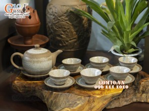 Bộ ấm chén gốm hồng sa viền quẹt, chén dáng chóp 300ml