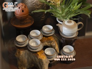Bộ ấm chén gốm hồng sa viền quẹt, chén thấp, 300ml