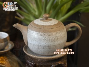 Bộ ấm chén gốm hồng sa viền quẹt, chén thấp, 300ml