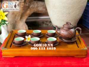 Bộ ấm chén gốm khắc đào đỏ