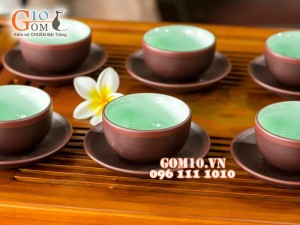 Bộ ấm chén gốm khắc đào đỏ