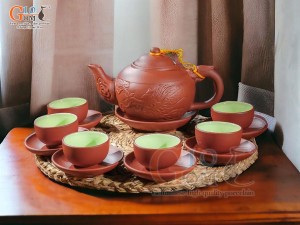 Bộ ấm chén gốm khắc độc Long đỏ, 350ml