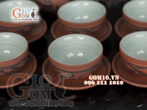 Bộ ấm chén gốm khắc sen đỏ đen, đầy đủ phụ kiện