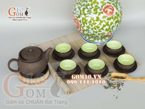 Bộ ấm chén nâu ganh dáng cao gốm hồng sa, khắc trăng xanh 380ml