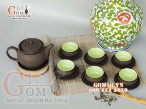 Bộ ấm chén nâu ganh dáng cao gốm hồng sa, khắc trăng xanh 380ml
