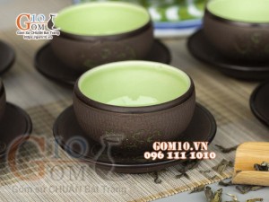 Bộ ấm chén nâu ganh dáng cao gốm hồng sa, khắc trăng xanh 380ml