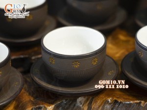 Bộ ấm chén nâu ganh dáng cao gốm hồng sa, khắc sao vàng, 350ml