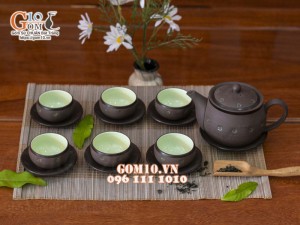 Bộ ấm chén nâu ganh dáng cao gốm hồng sa, khắc sao xanh 350ml