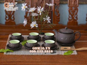 Bộ ấm chén nâu ganh dáng cao gốm hồng sa, khắc sao xanh 350ml