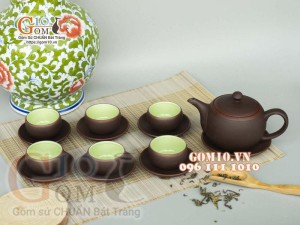 Bộ ấm chén nâu son dáng tròn gốm hồng sa, 280ml