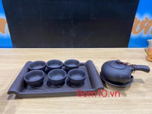 Bộ ấm chén gốm quai ngang khay chữ nhật, 200ml