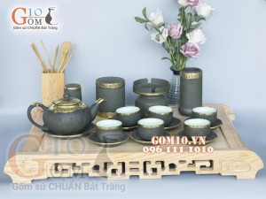 Bộ Ấm Chén Gốm Rêu Tống Phúc - Lộc - Thọ, Bọc Đồng, Đầy Đủ Phụ Kiện